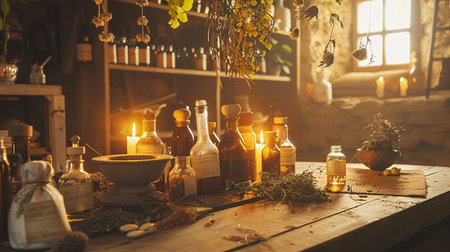 Vintage pharmacy interior with bottles, herbs and candles on wooden tableの素材