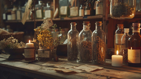 Vintage bottles with herbs and candles on the old wooden table.の素材