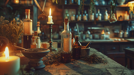 Witchcraft magic potion in a vintage bottle. Halloween concept.の素材