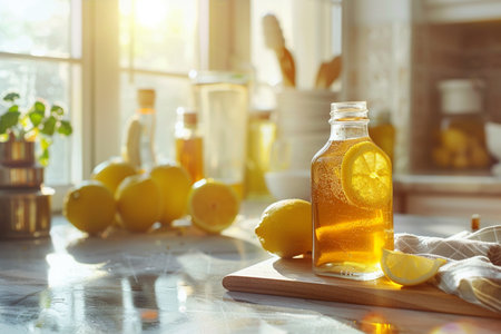 Lemonade in a glass bottle on a kitchen table with fresh lemons.の素材