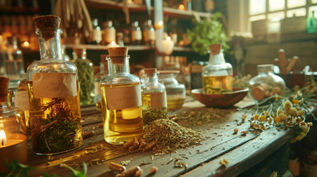 Spa still life with essential oils and herbs on a wooden tableの素材