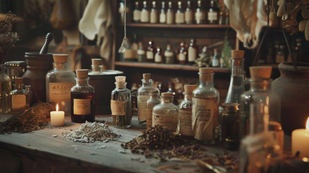 Vintage magic potion bottles on the table in a witch's shopの素材