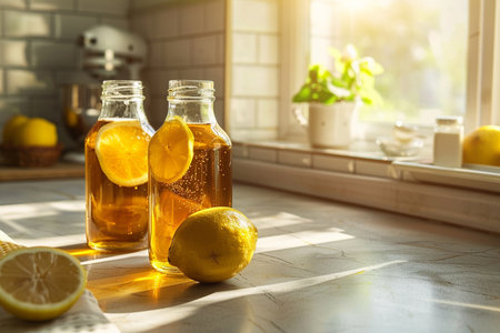 Homemade lemonade with fresh lemons in glass bottles on kitchen tableの素材