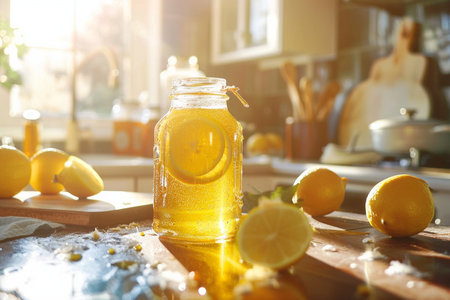 Lemonade in a glass jar on a wooden table in the kitchenの素材