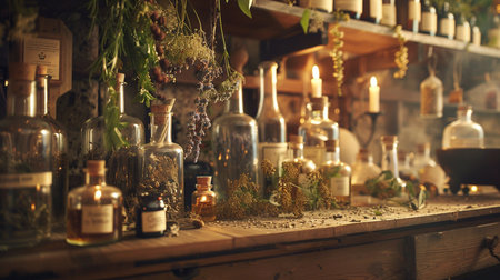 Wedding decoration with bottles, flowers and candles in vintage styleの素材