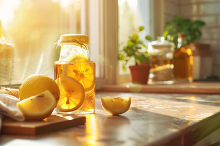 Glass jar with tasty lemonade on table at home. Space for textの素材