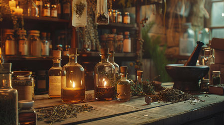 Vintage pharmacy interior with bottles of essential oil, herbs and mortarの素材