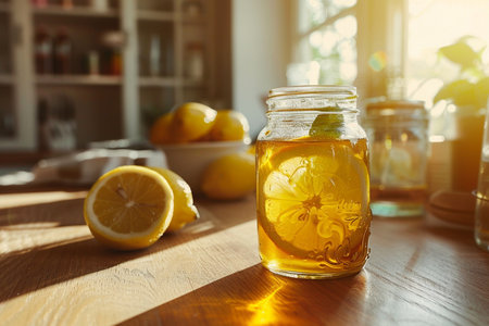 Glass jar of lemonade with fresh lemons on wooden table in kitchenの素材