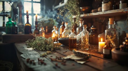 Magic potion in the old laboratory. Halloween concept. Witchcraft background.の素材