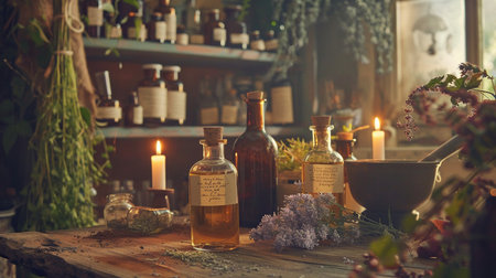 Spa still life with essential oils, candles and herbs in vintage styleの素材