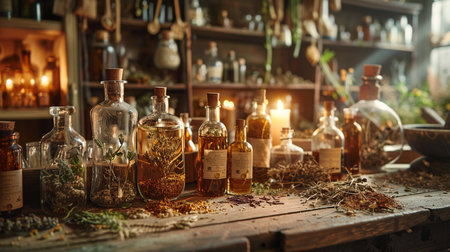 Assortment of herbs in bottles on wooden table in apothecaryの素材