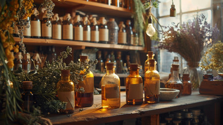 Vintage bottles with oil and herbs on a shelf in a shopの素材