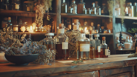 Vintage interior with bottles of olive oil and dry lavender flowersの素材