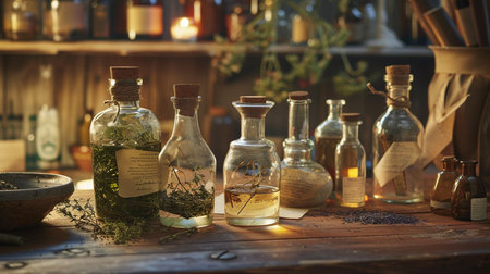 Aromatic herbs in glass bottles on wooden table in cozy kitchenの素材