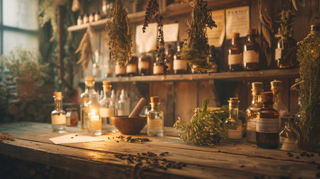 Herbs and spices on a wooden table in a rustic styleの素材