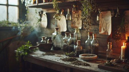 Old rustic kitchen interior with bottles, spices and herbs, selective focusの素材