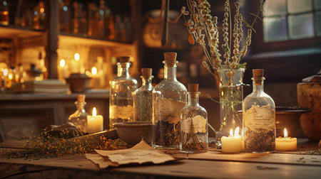 Vintage magic potion bottles with burning candles on wooden table in dark roomの素材