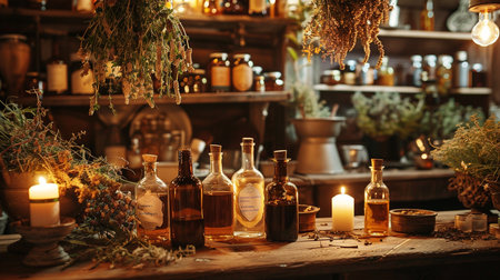 Beautiful vintage interior with bottles of wine, candles and dry herbsの素材