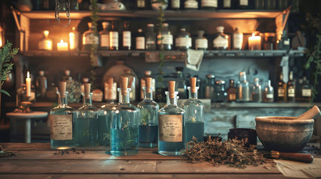 Old bar counter with bottles and mortar and pestle. Alcoholic drink conceptの素材