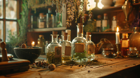 Old pharmacy with bottles, herbs and spices on a wooden table.の素材