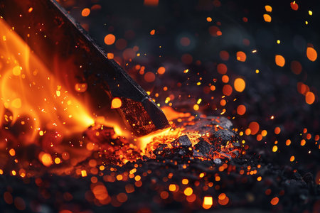 Close-up of a welder's hand working with coalsの素材
