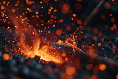Sparks of molten metal in a smithy, close-upの素材