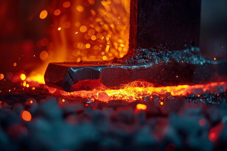 Close-up of a hammer hitting a piece of metal in a forgeの素材