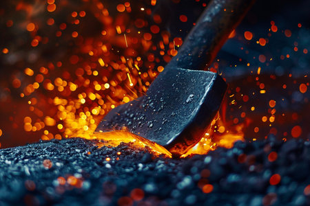 Close-up of a hammer with sparks and fire on background.の素材
