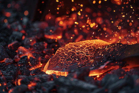 Coals and embers in a forge, close-up.の素材