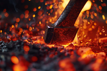 Close-up of a hammer with sparks on the background of burning coalsの素材