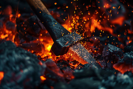 Close-up of an iron ax stuck in a burning coalsの素材