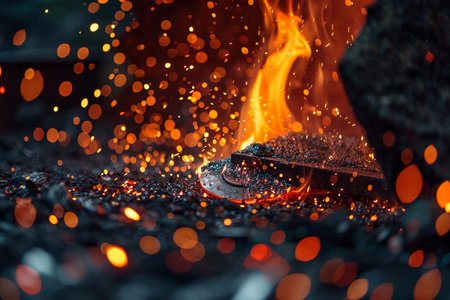 Burning iron in a forge, close-up. Metal industry.の素材