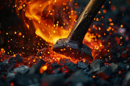 Hammer breaking a piece of coal into fire. Close-up.の素材