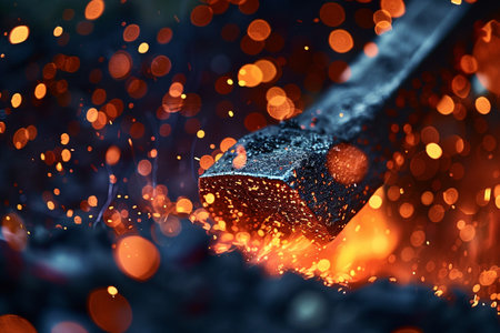 Hammer with sparks and fire on a dark background. Close-up.の素材