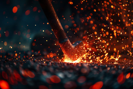Welding metal with sparks and smoke, close-up.の素材