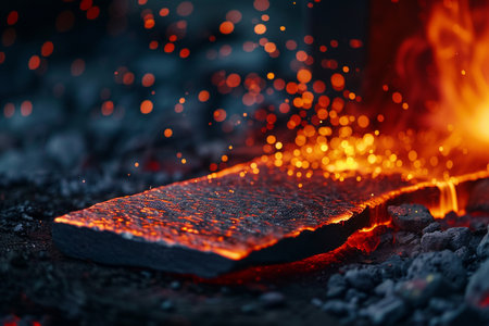 Close-up of a metal cutting board on the background of burning coals.の素材