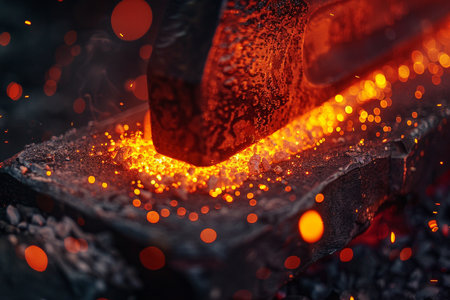 Close-up of molten metal being poured into a blacksmith's forgeの素材