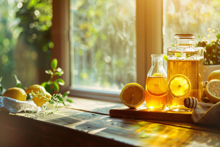 Homemade lemonade with lemon and honey in a glass jar on the windowsillの素材