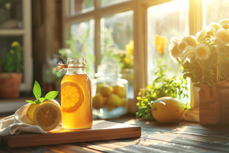 Fresh lemonade with mint in glass jar on wooden table near windowの素材