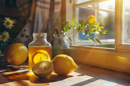 Lemonade in a glass jar with lemon slices on the windowsillの素材