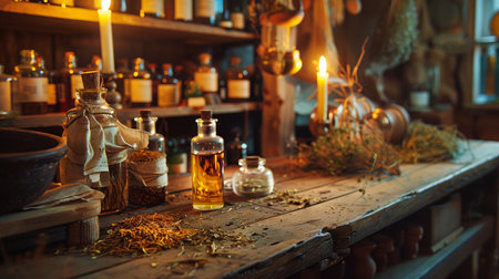 Magic potion in a bottle on a wooden table. Halloween concept.の素材