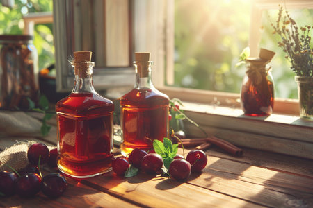 Cherry syrup in glass bottles and ripe cherries on windowsillの素材
