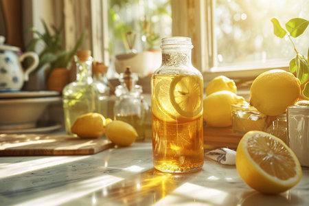 Glass bottle of lemonade with fresh lemons on wooden table in kitchenの素材