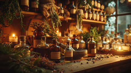 Magic potions in bottles. Witchcraft. Halloween concept. Vintage styles.の素材