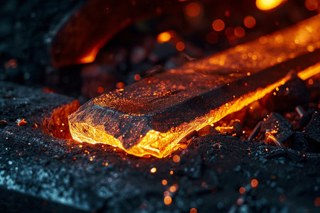 Burning steel in forge, close-up. Metal forging.の素材