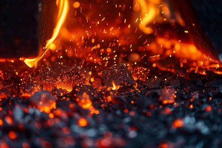 hot coals burning in the fireplace, close-up, backgroundの素材