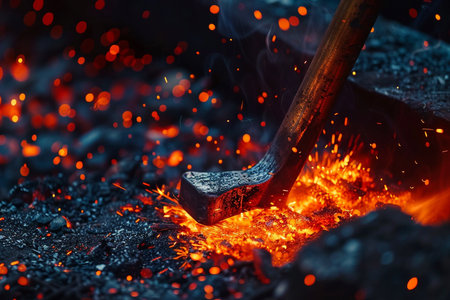 Worker hammering iron in forge, closeup. Fire and sparksの素材