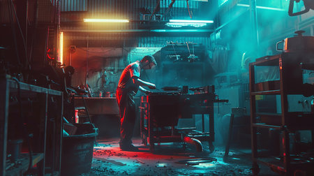 Worker in a factory. He is working on the machine.の素材