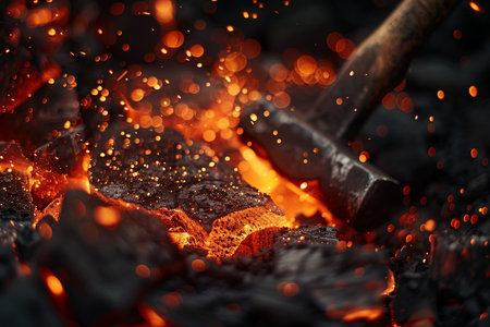 Burning coals in a forge, close-up, selective focusの素材