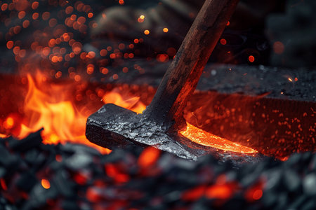 Metal smithy with hammer on the background of burning coalsの素材